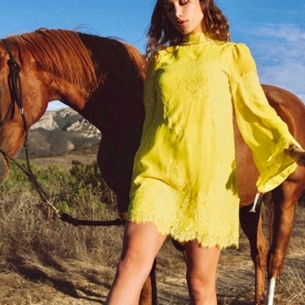 We Are Hah Yellow Lace High-Neck Mini Dress